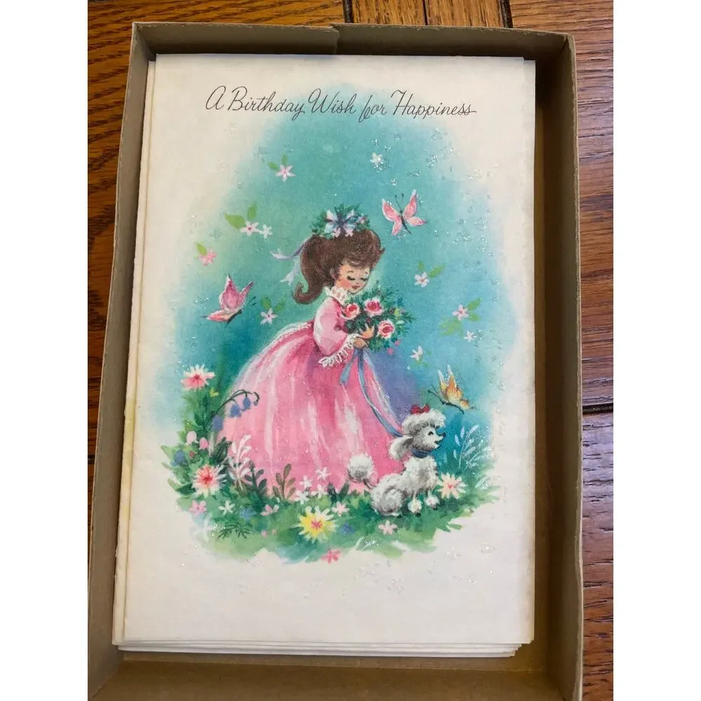 11 Vintage 1950s Greeting Cards Envelopes Original Box Glitter Unused MCM